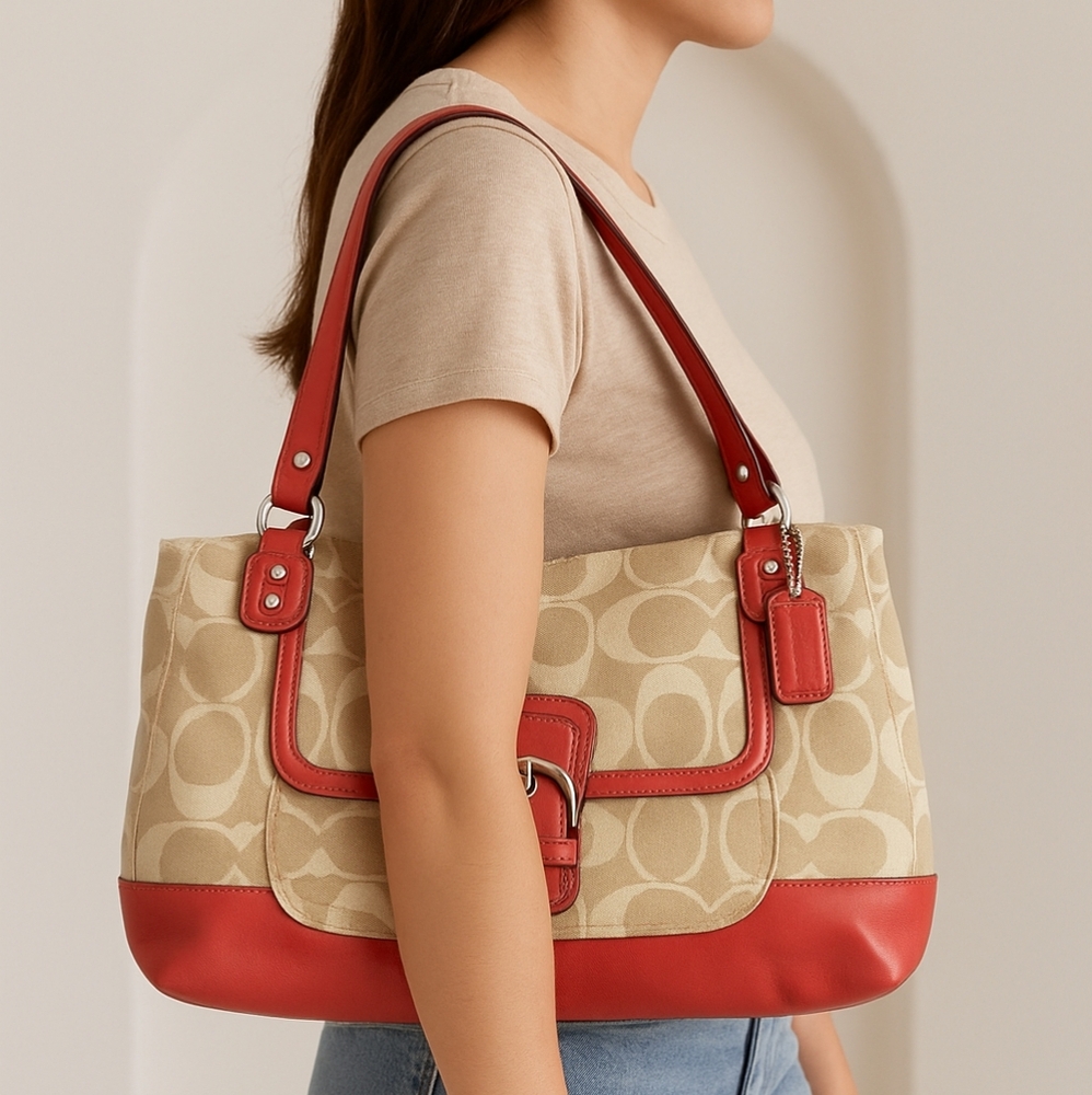 Coach Campbell Signature Belle Carryall Tote – Khaki & Pomegranate Pink Leather - Picture 9 of 10